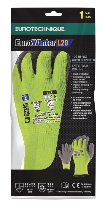 Manusi de protectie EUROWINTER L22 iarna, marimea 8, acril galben FLUO, latex gri, EUROTEHNIQUE - sefira.ro