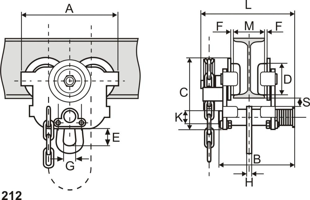 Carucior port-palan cu lant 212/212BF,500 kg, 130-215mm, REMA - sefira.ro