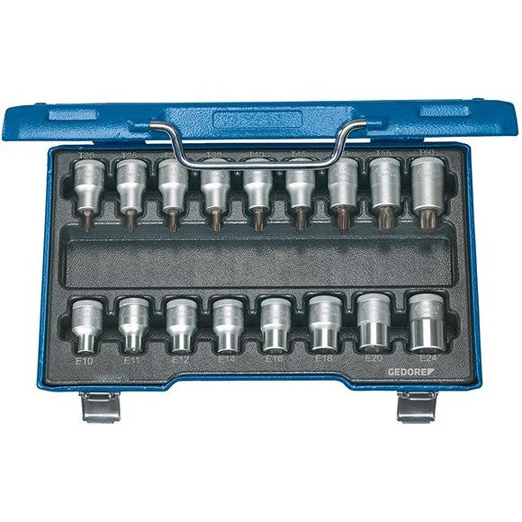 Set chei tubulare / tubulare bit 1/2", T 20 - T 60 si E 10 - E 24, 17 piese, Nr. ITX 19 TX-017, GEDORE - sefira.ro