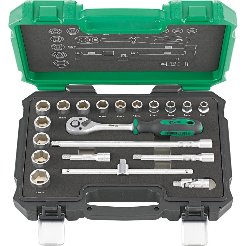 Set chei tubulare 8-22mm, antrenor cu clichet 3/8", 20 buc, FORTIS - sefira.ro