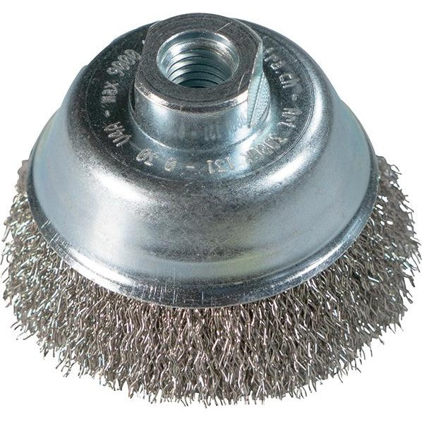 Perie de sarma din inox V4A tip oala, sarma 0,3mm ondulata, diam.70mm, prindere M14x2, ZEINTRA - sefira.ro