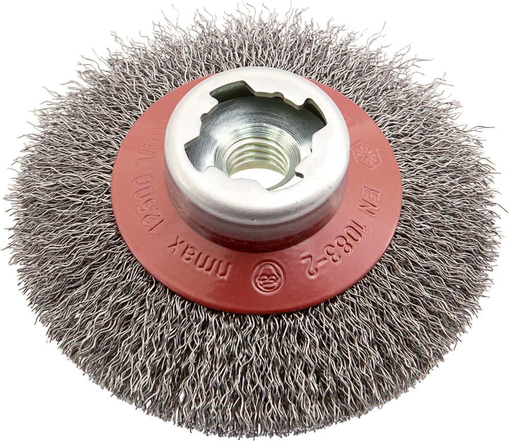 Perie de sarma din otel, conica, diam.100mm, sarma 0,3mm ondulata, prindere X-LOCK si M14, Osborn