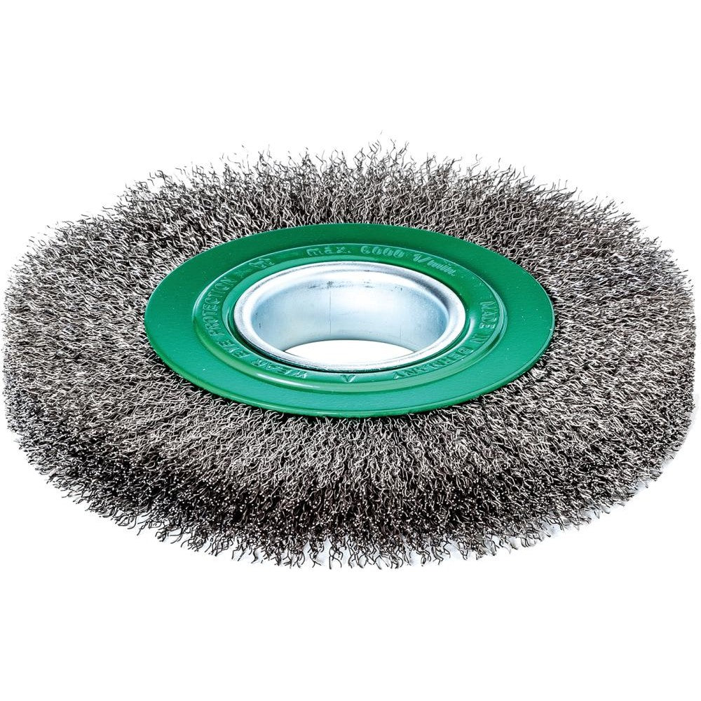 Perie de sarma din inox V2A, rotunda, diam.125mm, sarma 0,3mm ondulata, prindere 40mm, LESSMANN - sefira.ro