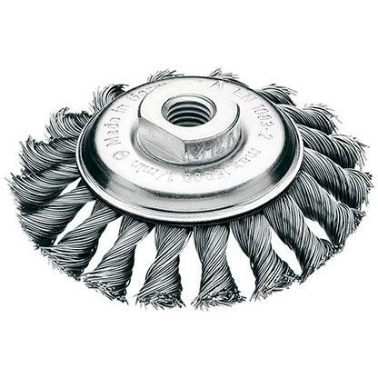 Perie de sarma din otel, conica, diam.100mm, sarma 0,5mm rasucita, prindere M14x2,0, LESSMANN - sefira.ro