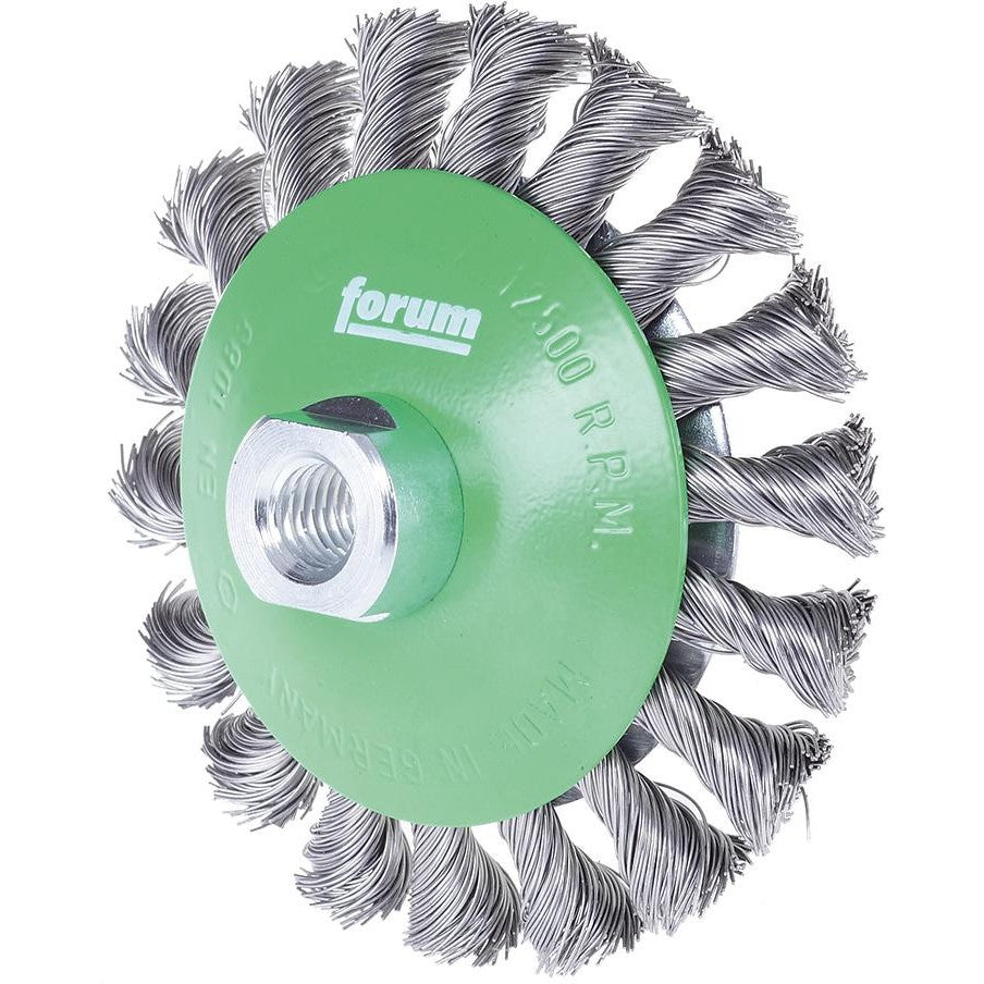 Perie de sarma din inox conica, sarma 0,5mm rasucita, 115x15mm, prindere M14x2, FORUM - sefira.ro