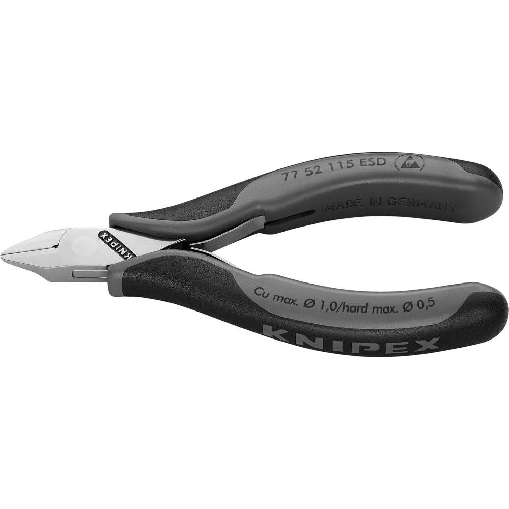 Cleste cu tais lateral protectie ESD, pentru electronisti, 115mm, cap ascutit plat, 77 52 115 ESD, KNIPEX - sefira.ro