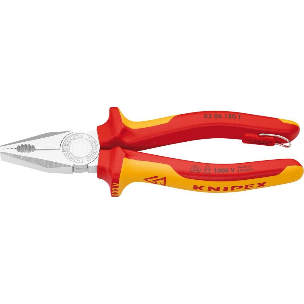 Cleste combinat izolat VDE, cu inel de fixare, 180 mm, manere bicomponent, 03 06 180 T, KNIPEX - sefira.ro