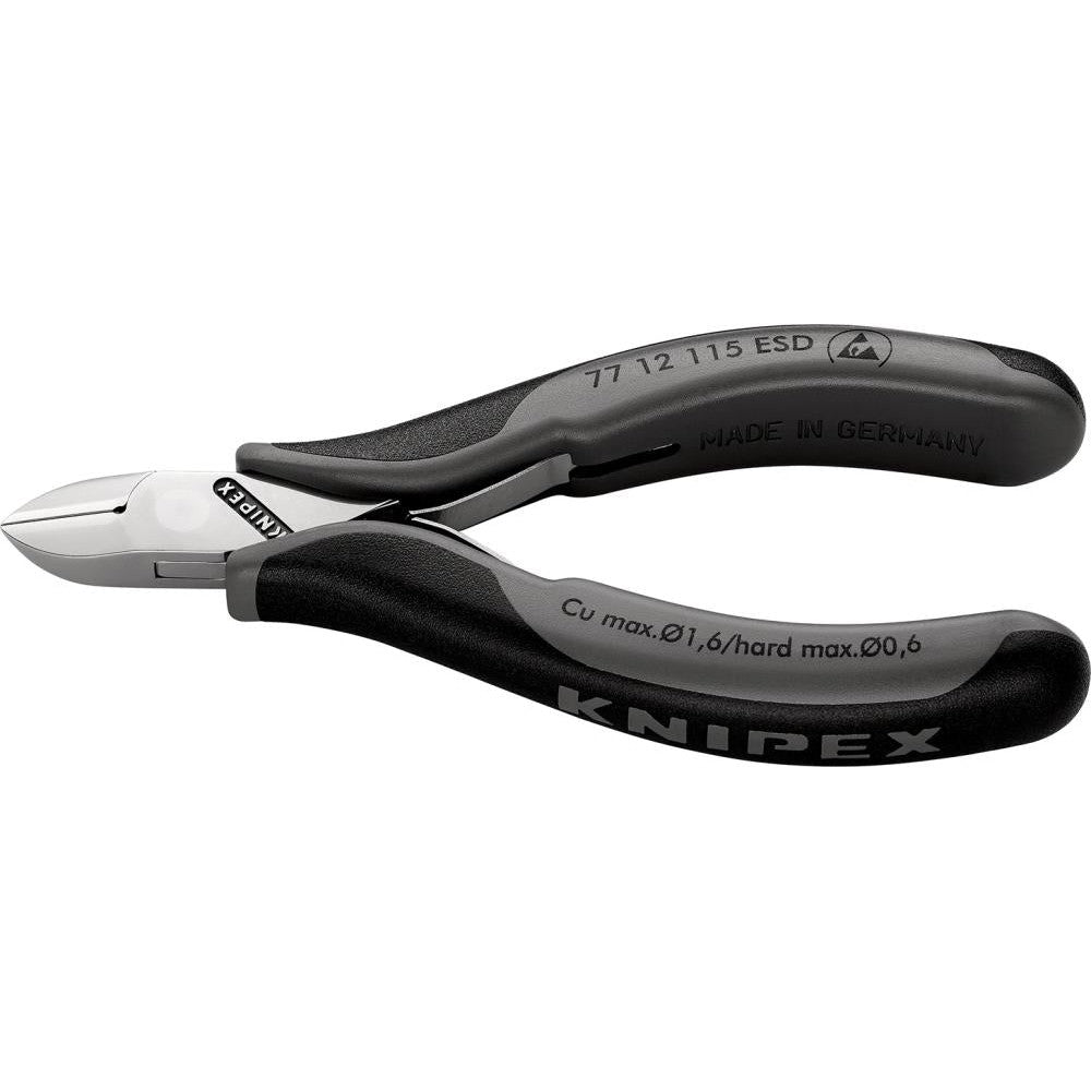 Cleste ESD cu tais lateral, pentru electronisti, 115mm, cap rotund, cu faseta si clema de sarma, 77 12 115 ESD, KNIPEX - sefira.ro