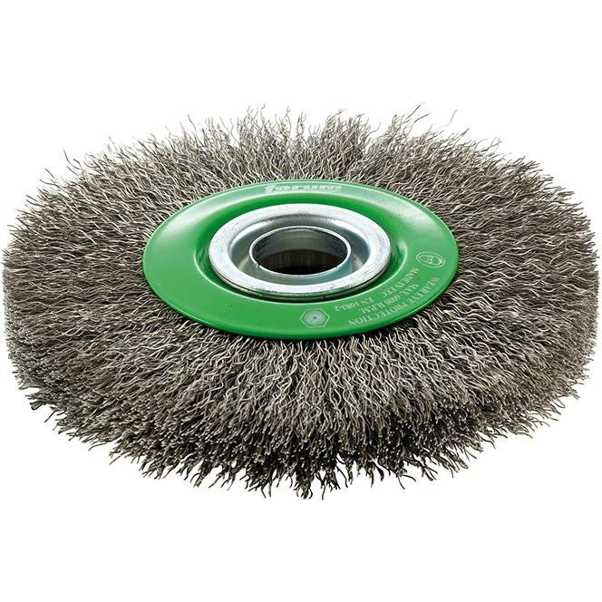 Perie de sarma din inox rotunda, sarma 0,3mm ondulata, Ø perie 125x22mm, gaura 20mm, FORUM - sefira.ro