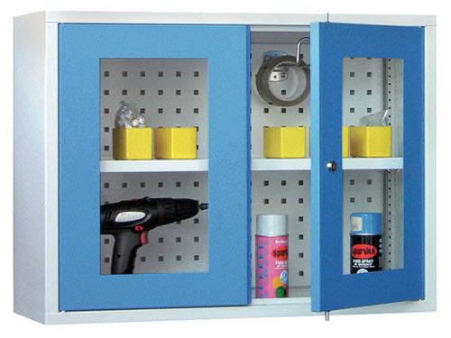 Wall-mounted cabinet, sheet metal doors, 800x300x600mm, perforated back wall, BEDRUNKA