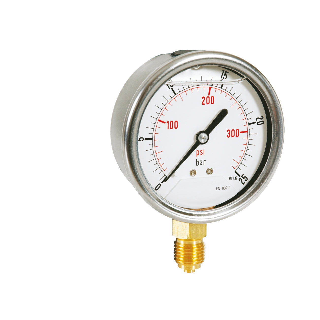 Pressure gauge in steel housing with glycerine, bottom connection