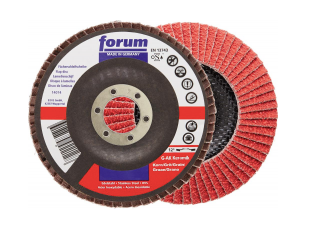 Flap disc for steel, stainless steel, 115mm grit 40, 12° curved, ceramic grit, FORUM