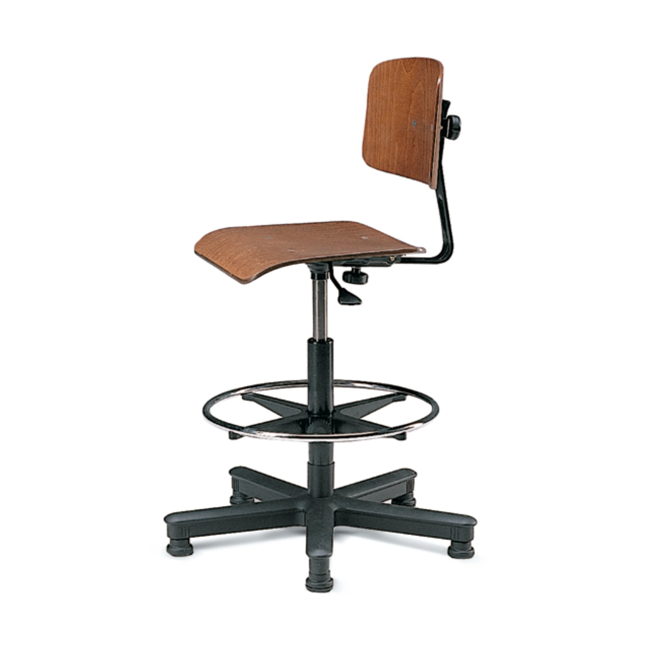 Swivel chairs made of beech wood with painted steel height adjustment