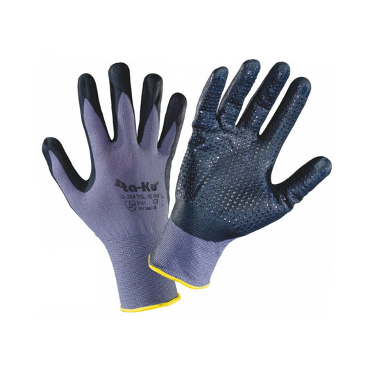 Work gloves made of continuous nylon yarn coated with textured nitrile