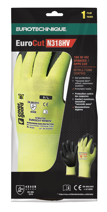 Manusi de protectie EUROCUT 3 N318HV, HPPE, nitril, nailon galben FLUO, marimea 7, EUROTEHNIQUE - sefira.ro