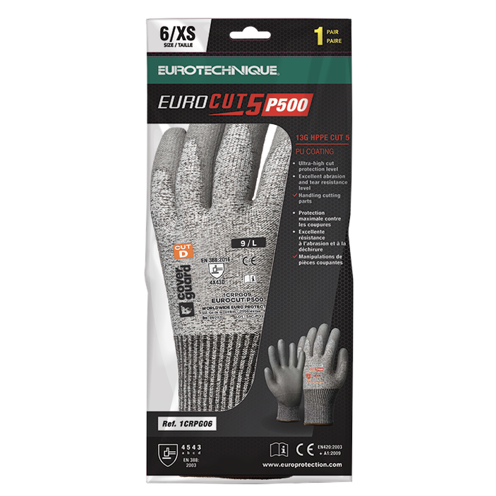 Manusi de protectie EUROCUT P500, rezistenta la taiere, marimea 6, gri, EUROTEHNIQUE - sefira.ro