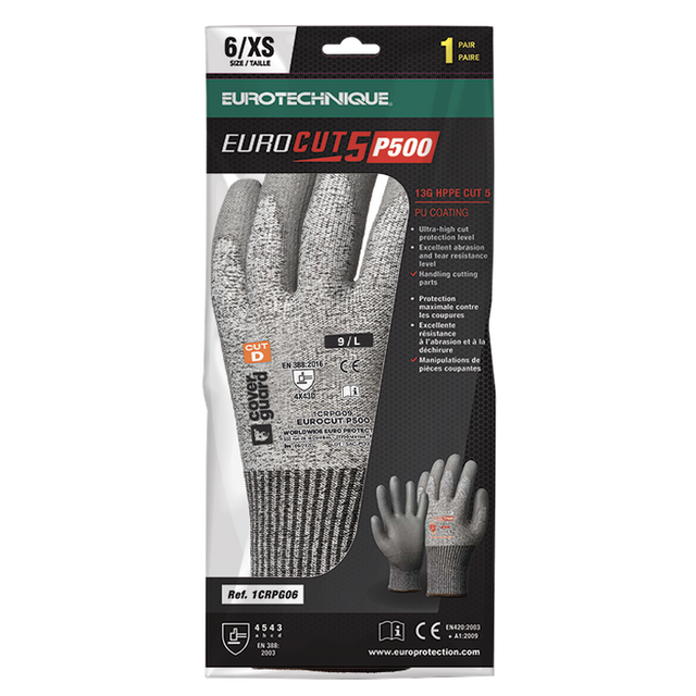 Manusi de protectie EUROCUT P500, rezistenta la taiere, marimea 6, gri, EUROTEHNIQUE - sefira.ro