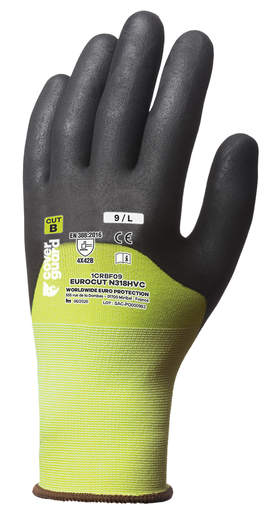 Protective gloves EUROCUT 3 N318HVC, HPPE, nitrile, nylon yellow FLUO, size 7, EUROTEHNIQUE