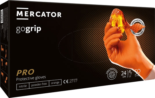 Manusi gogrip portocalii, de unica folosinta, nitril, nepudrate, textura diamant, marimea L (8-9), MERCATOR®