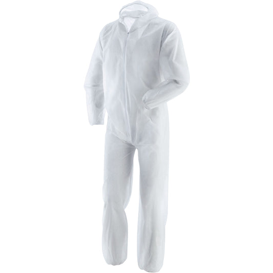 Disposable one-piece coverall with hood