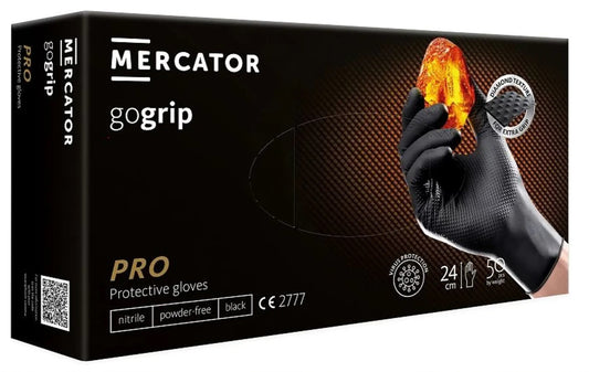 Black gogrip gloves, disposable, nitrile, powder-free, diamond texture, size L (8-9), MERCATOR®