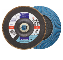 Disc lamelar pentru inox, neferoase, 115mm, gran. 40, curbat 6°, corindon zirconu, FORUM