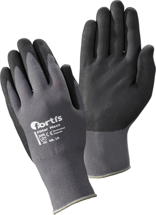 Protective gloves made of textile material with nitrile coating, size 8, FITTER MAXX, gray/black, FORTIS