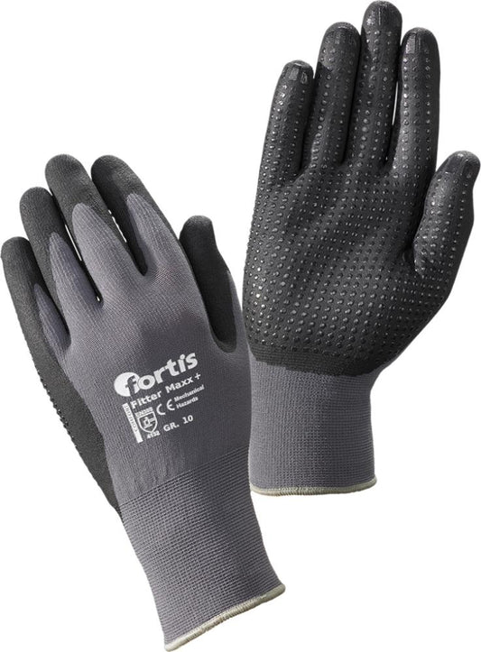 Protective gloves with nitrile coating, size 8, FITTER MAXX PLUS, gray/black, FORTIS