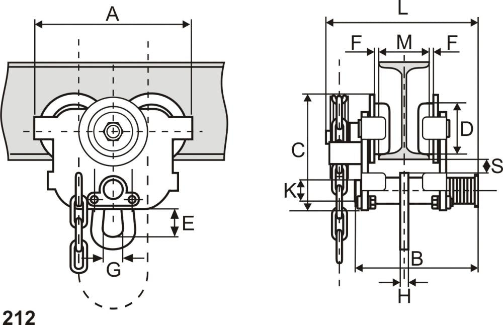 Carucior port-palan cu lant 212/212BF,500 kg, 50-135mm, REMA