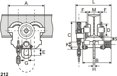 Carucior port-palan cu lant 212/212BF,500 kg, 50-135mm, REMA - sefira.ro