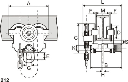 Carucior port-palan cu lant 212/212BF,500 kg, 130-215mm, REMA