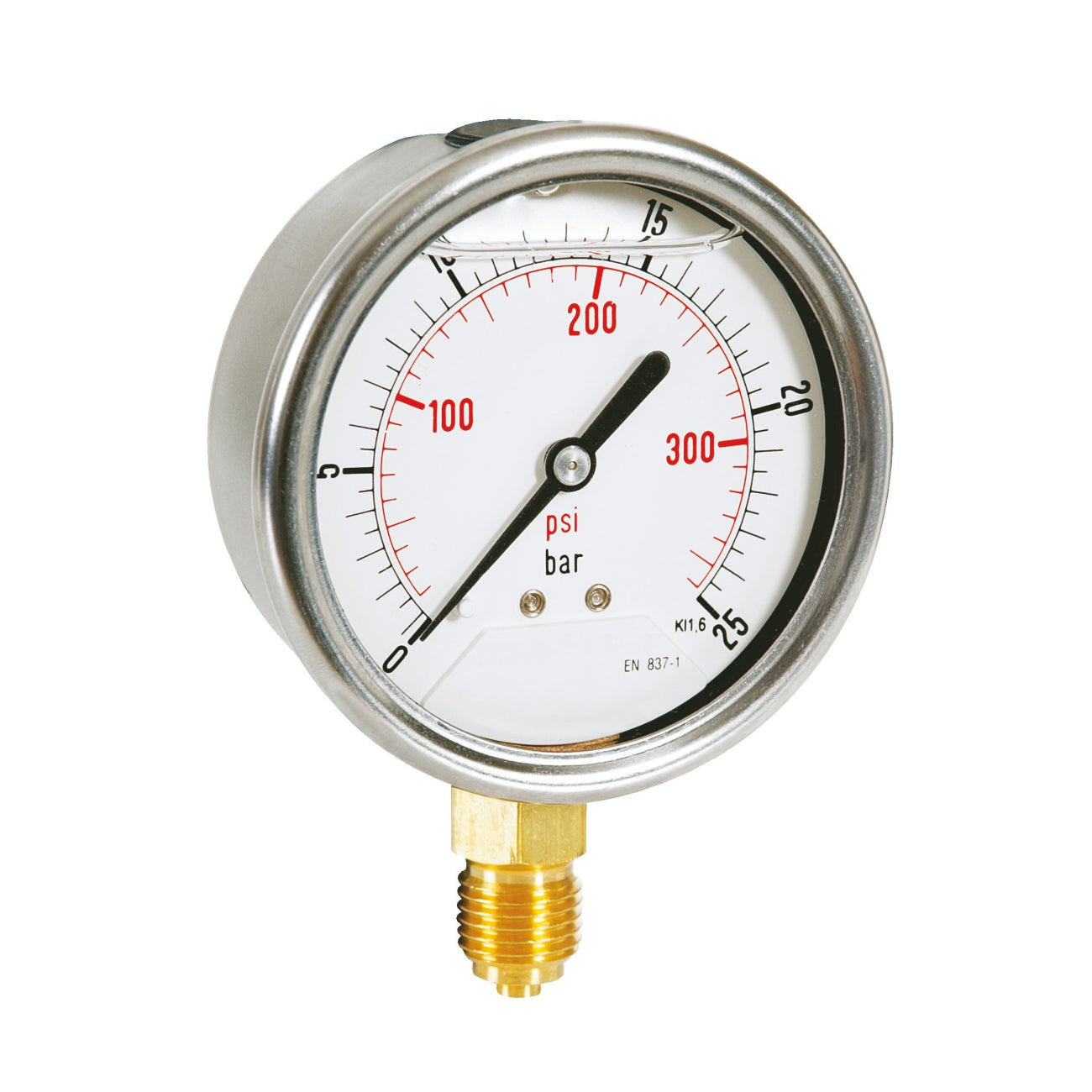 Pressure gauge in steel housing with glycerine, bottom connection