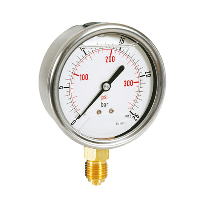 Pressure gauge in steel housing with glycerine, bottom connection