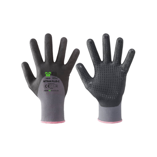 Continuous nylon gloves coated with dotted nitrile