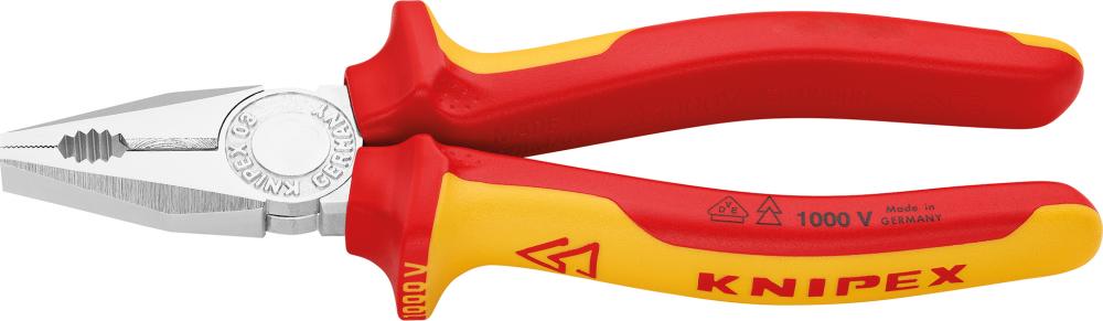 VDE insulated combination pliers, chrome-plated, 160 mm, two-component handles, KNIPEX