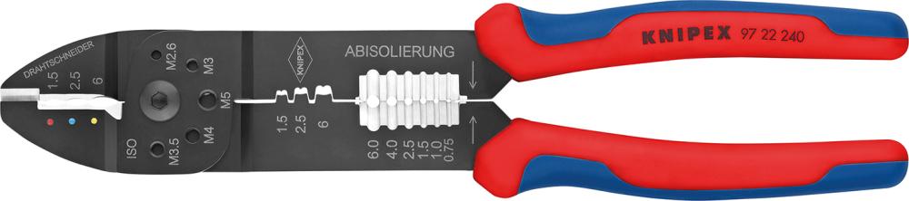 Crimping pliers for cable lugs 0.75-6 + 0.5-2.5mm², 240mm, 3 crimping slots, KNIPEX