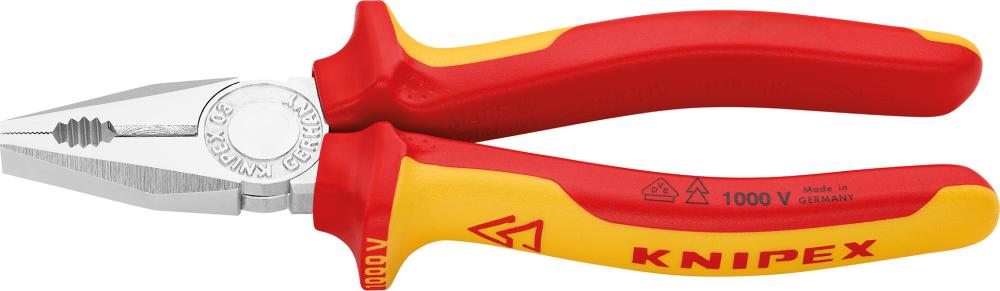 VDE insulated combination pliers, chrome-plated, 180 mm, two-component handles, self-service display packaging, KNIPEX