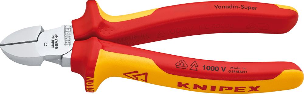 Side-cutting pliers, VDE insulated, 160 mm, chrome-plated, two-component handles, in self-service display packaging, KNIPEX