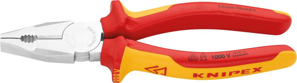 VDE insulated combination pliers, chrome-plated, 160 mm, two-component handles, KNIPEX