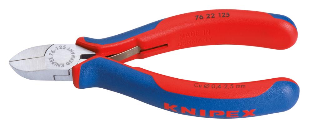 Side-cutting pliers for electromechanics, 125 mm, polished round head, two-component handles, opening spring, KNIPEX