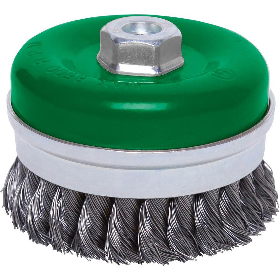 Perie de sarma din otel tip oala cu inel protectie, diam.65mm, sarma 0,5mm rasucita, prindere M14, FORTIS - sefira.ro