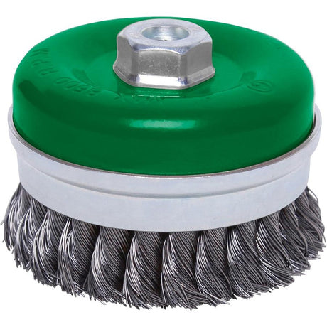 Perie de sarma din otel tip oala cu inel protectie, diam.65mm, sarma 0,5mm rasucita, prindere M14, FORTIS - sefira.ro