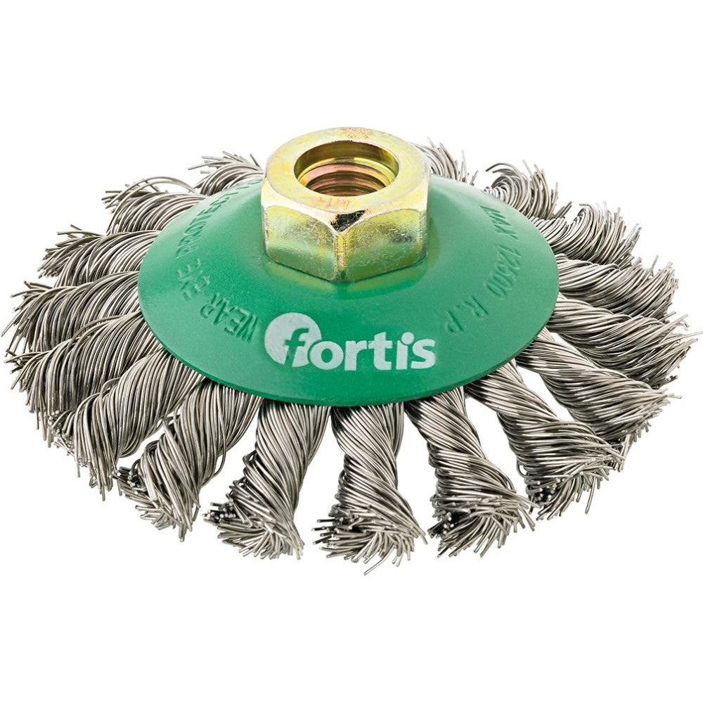Perie de sarma din inox, conica, diam.100mm, sarma 0,5mm rasucita, prindere M14x2, FORTIS - sefira.ro