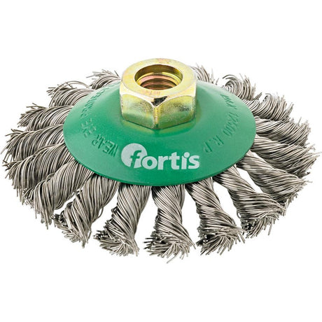Perie de sarma din inox, conica, diam.100mm, sarma 0,5mm rasucita, prindere M14x2, FORTIS - sefira.ro