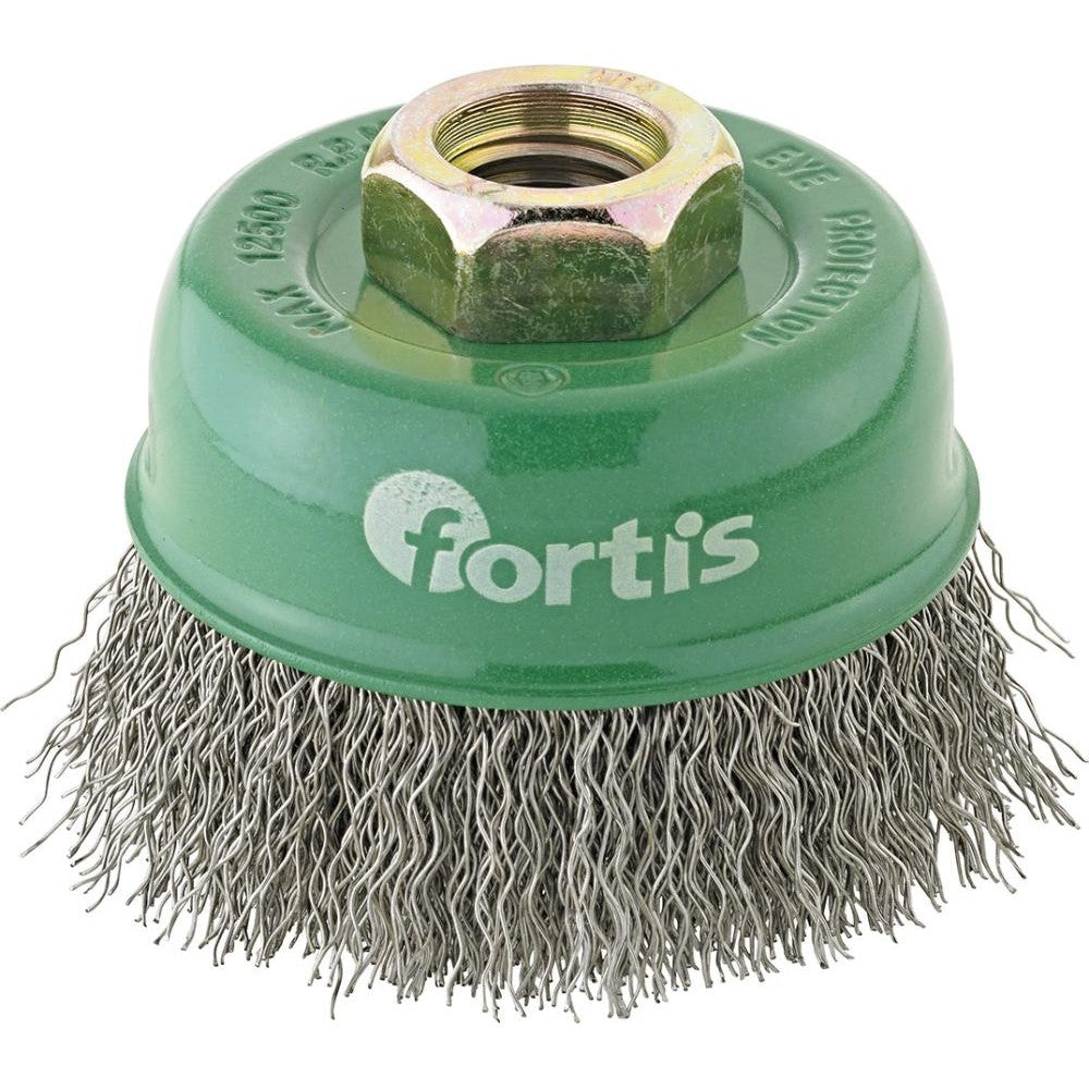 Perie de sarma din inox tip oala, sarma 0,3mm ondulata, diam.60mm, prindere M14x2, FORTIS - sefira.ro