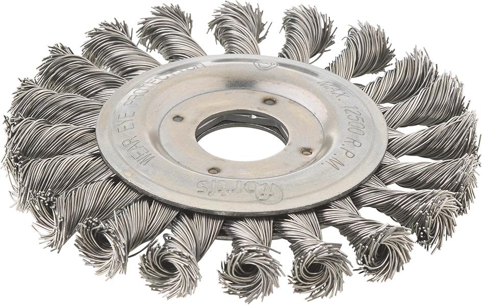 Perie de sarma din otel, rotunda, diam 115mm, sarma 0,5mm rasucita, prindere 22,23mm, FORTIS - sefira.ro