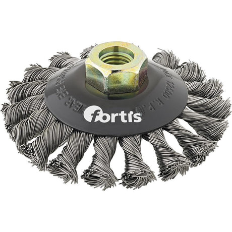 Perie de sarma din otel, conica, diam.100mm, sarma 0,5mm rasucita, prindere M14x2, FORTIS - sefira.ro