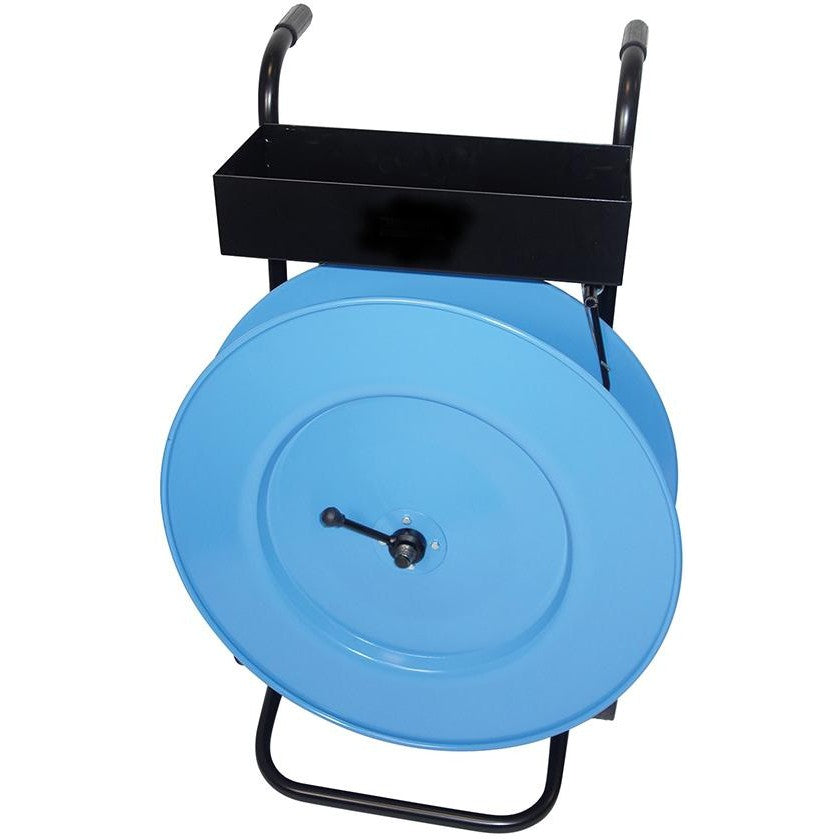 Carucior de derulare, mobil, pentru bobine de banda de ambalare PP, din otel, cu cutie depozitare - sefira.ro