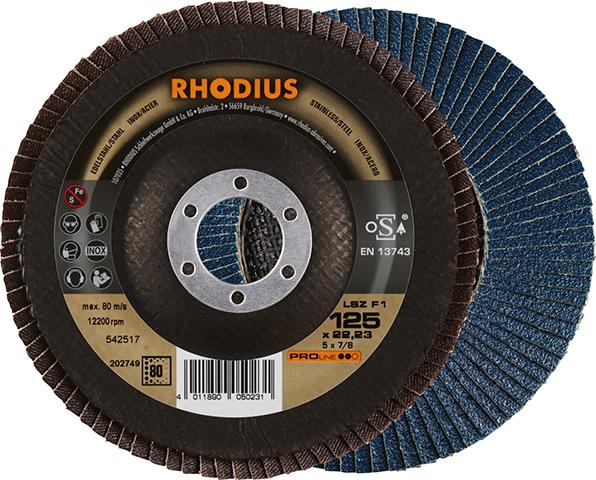 Flap disc for treated steels, 125mm, curved, grit 40, zirconium-corundum, PROLINE, RHODIUS