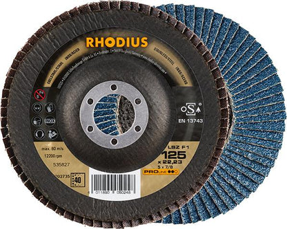 Flap disc for treated steels, 125mm, curved, grit 40, zirconium-corundum, PROLINE, RHODIUS